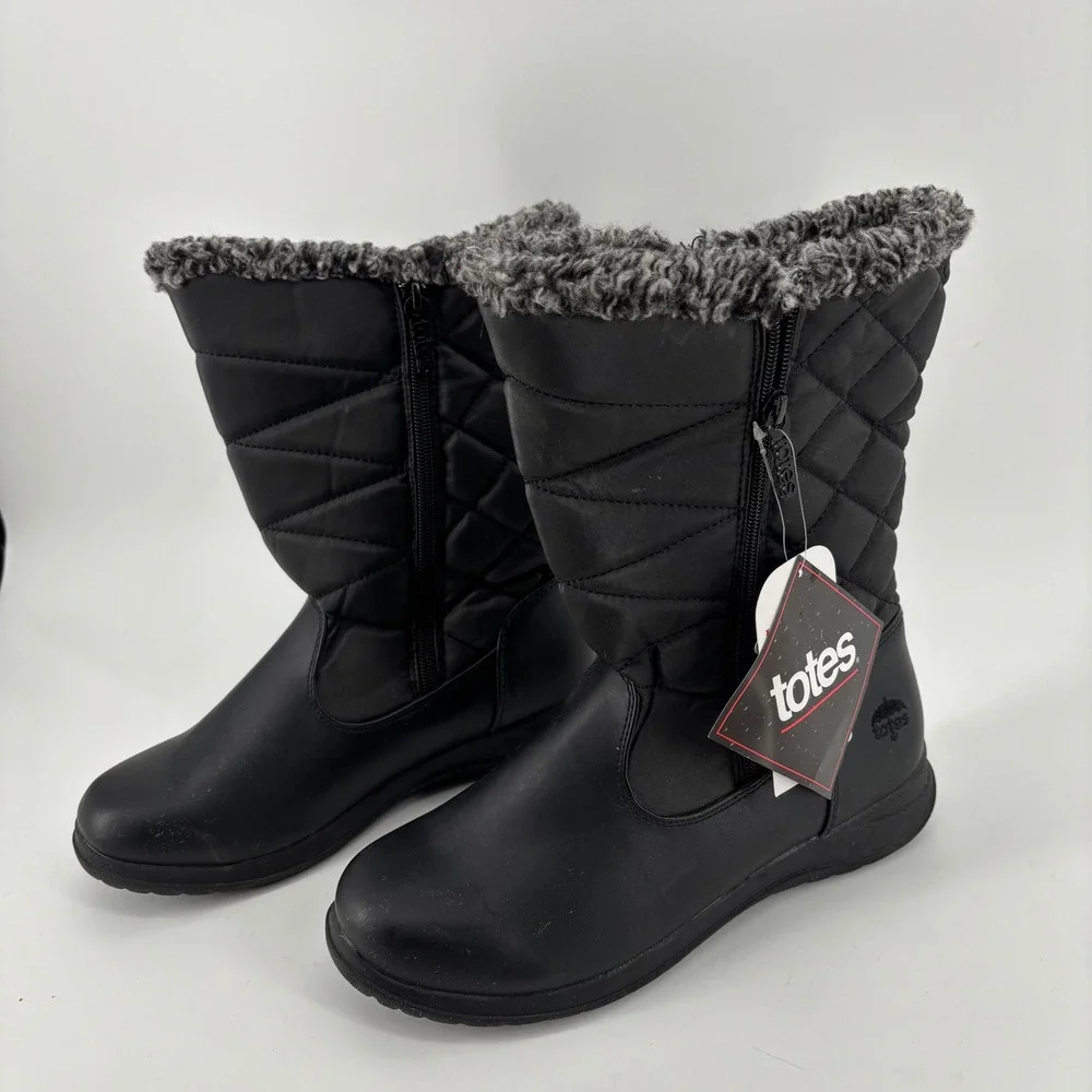 NWT Totes Womens Winter Boots 9 Black Quilted Faux Fur Trim Waterproof Lori Cozy